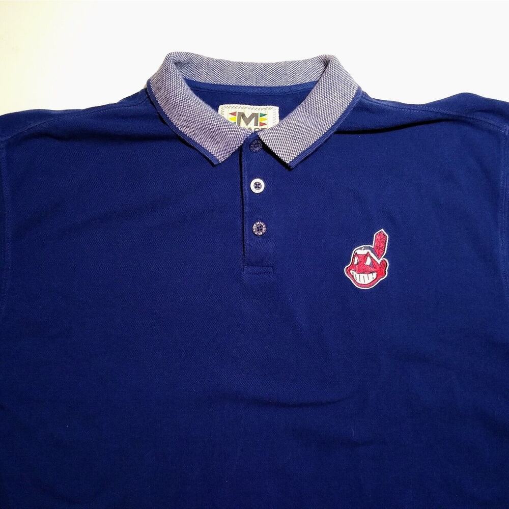 VTG Cleveland Indians Embroidered Chief Wahoo Navy Long Sleeve Polo Shirt Size L